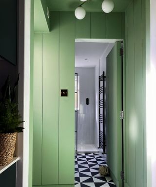 green painted wall leading into black and white bathroom