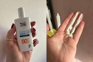 Adjacent images showing Garnier sunscreen SPF 50 and the formula on writer Lucy's hand