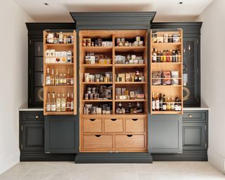 Pantry door ideas with black doors and wooden interior sheves