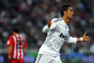 Cristiano Ronaldo celebrates after scoring for Real Madrid against Almeria in April 2010.