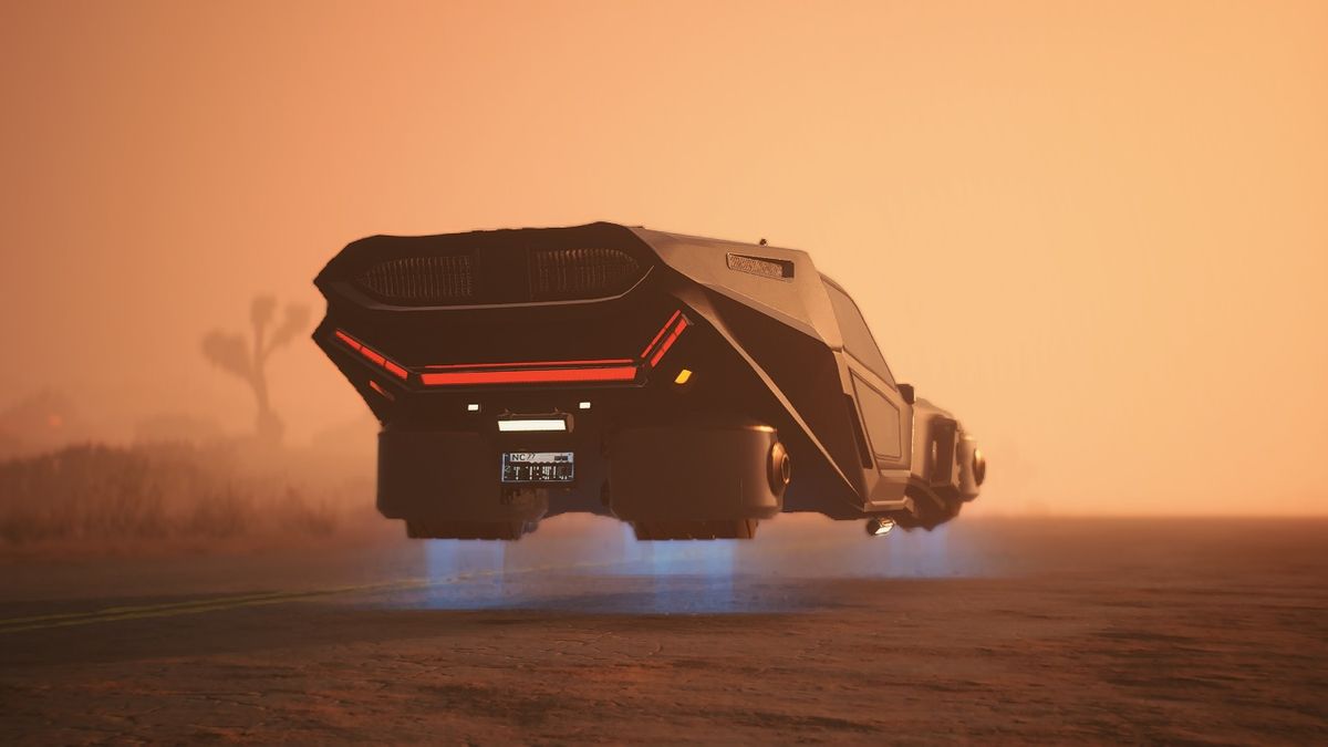 Blade Runner Spinner photographed in desert outskirts of night city