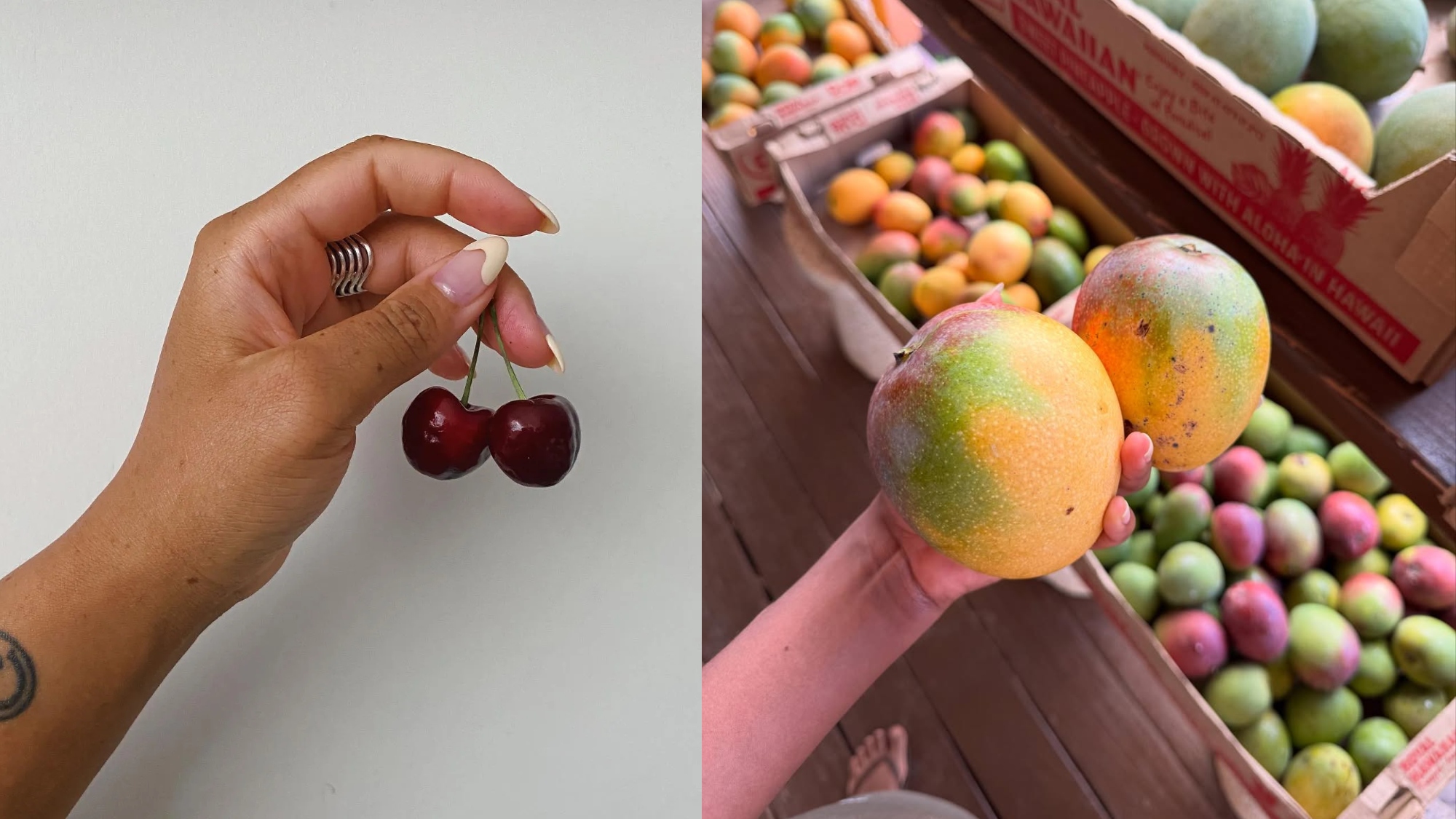 Yaminah Mayo and Amaka Hamelijnck holding cherries and mangos