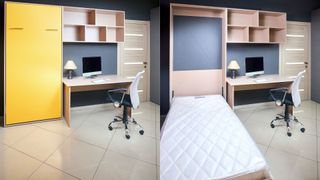 Before and after shot of a stylish vertical murphy bed.