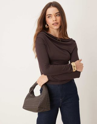 Gina Tricot Long Sleeve Drapey Top in Brown