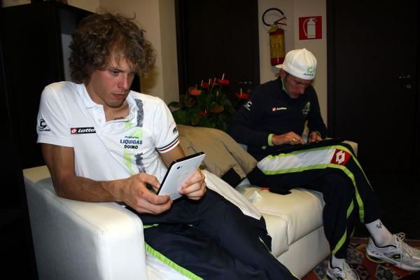 Daniel Oss and Sylwester Szymd hogged the wifi in the hotel reception to use their tablet computers