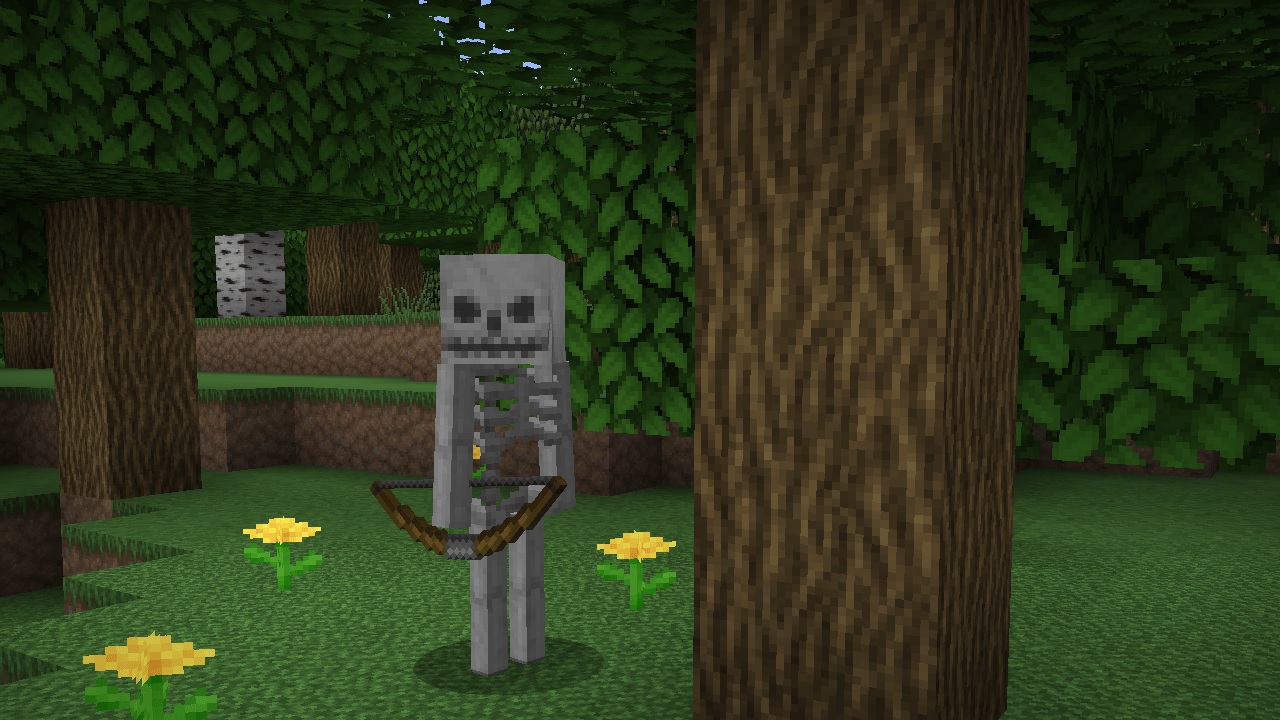 Minecraft Texture Pack - Depixel - A skeleton with a slightly scary face hides behind an oak tree