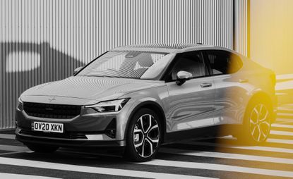 Side view of the Polestar 2, shot in yellow, black and white. Photographed by Leon Chew