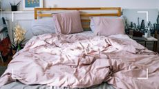  picture of pink linen bedding to suggest what kind of bed sheets keep you cool