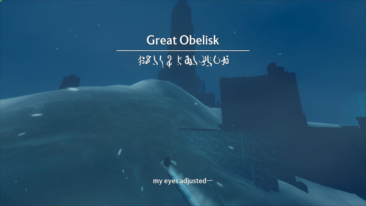 Penguin approaching ruins with location card "Great Obelisk"