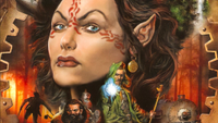 Elf woman face overlooking dwarf and wizard and train engine on orange gear background.
