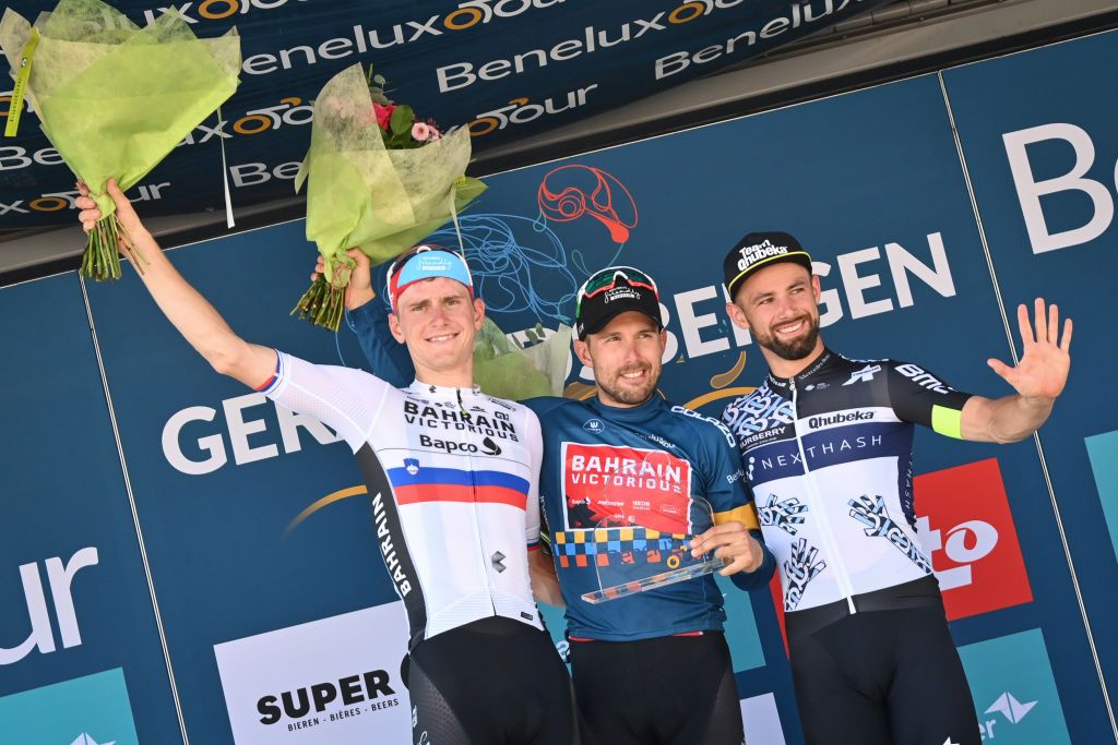 Slovenian Matej Mohoric of Bahrain Victorious Italian Sonny Colbrelli of Bahrain Victorious and Belgian Victor Campenaerts of Qhubeka Assos pictured on the podium after the seventh and last stage of the Benelux cycling tour from Namur to Geraardsbergen 1809 km Sunday 05 September 2021 BELGA PHOTO DAVID STOCKMAN Photo by DAVID STOCKMANBELGA MAGAFP via Getty Images