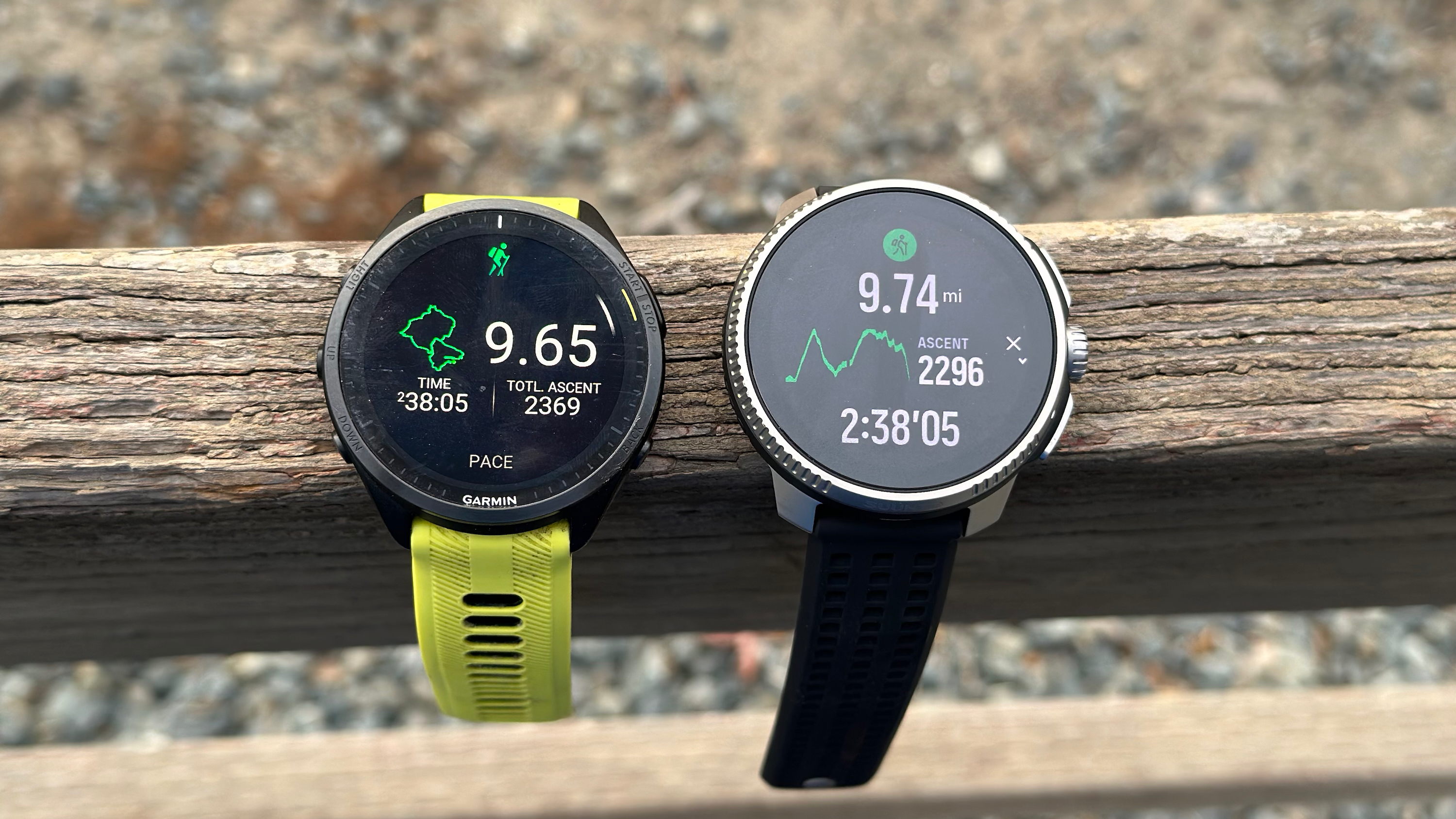 The Garmin Forerunner 965 (left) and Suunto Race (right) showing their post-hike differences. Suunto measured a longer hike than Garmin did, which was a trend.