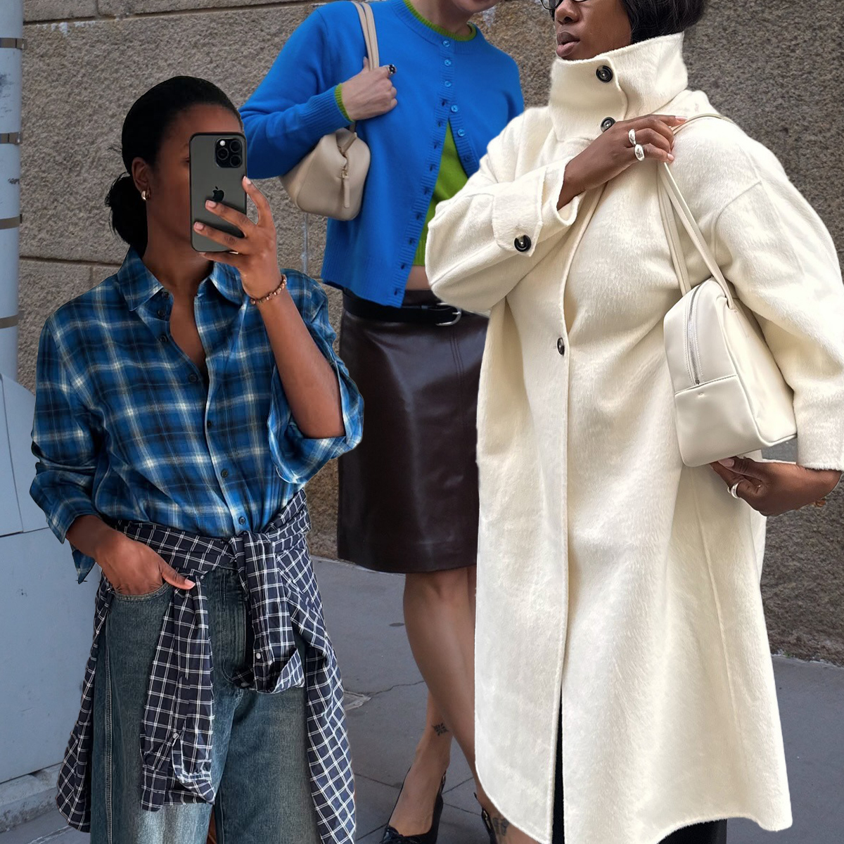 Influencer Marilyn is in a plaid button-down shirt with another plaid button-down tied around their jeans. Influencer Alyssa wears a brown leather skirt, a green tank, and a capri blue cardigan. Influencer Nnenna wears a white funnel-neck coat. 
