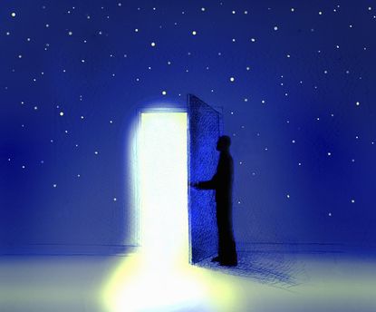 A man opening a door in the night sky