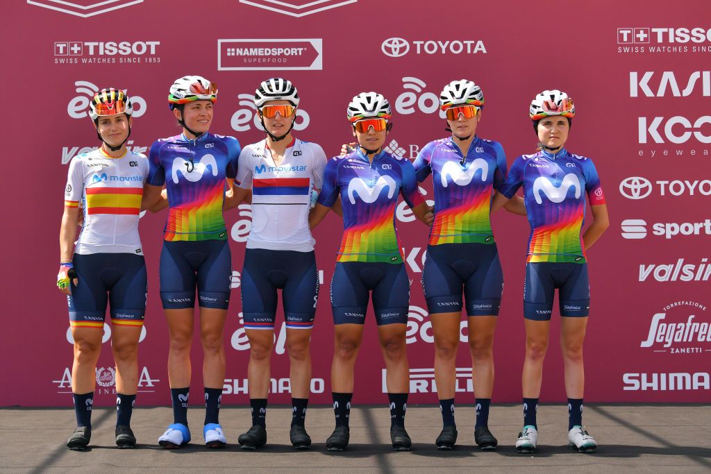SIENA ITALY AUGUST 01 Start Jelena Eric of Serbia Alicia Gonzalez Blanco of Spain Eider Merino Cortazar of Spain Lourdes Oyarbide Jimenez of Spain Paula Andrea Patio Bedoya of Colombia Alba Teruel Ribes of Spain and Movistar Team Women Team Presentation during the Eroica 6th Strade Bianche 2020 Women Elite a 136km race from Siena to Siena Piazza del Campo StradeBianche on August 01 2020 in Siena Italy Photo by Luc ClaessenGetty Images