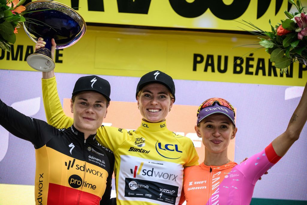 Tour de France Femmes overall podium (L-R): Lotte Kopecky (SD Worx) in second, winner Demi Vollering (SD Worx) in the yellow jersey and Kasia Niewiadoma (Danyon//SRAM) in third