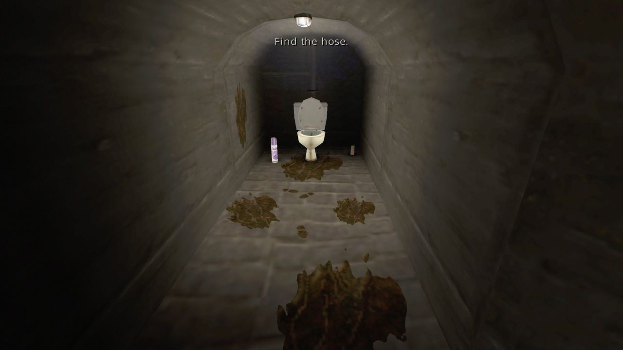 Brno Transit toilet at end of hall surrounded by brown splotches