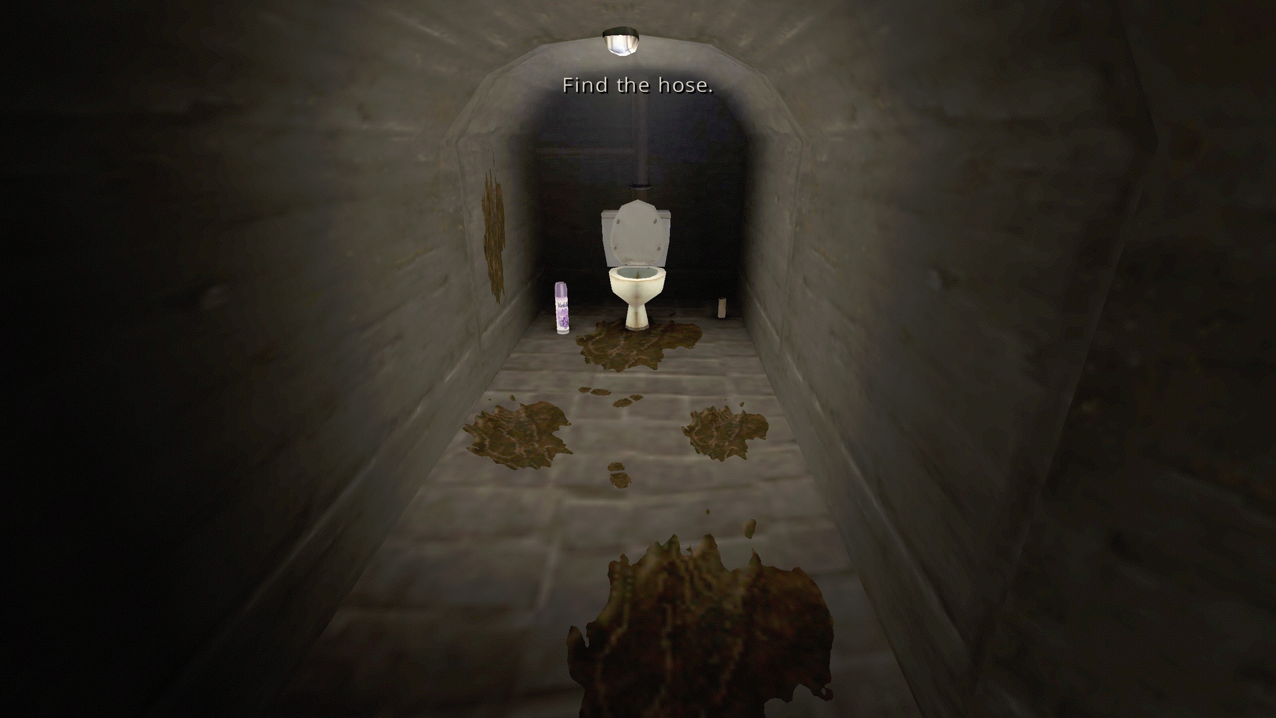 Brno Transit toilet at end of hall surrounded by brown splotches