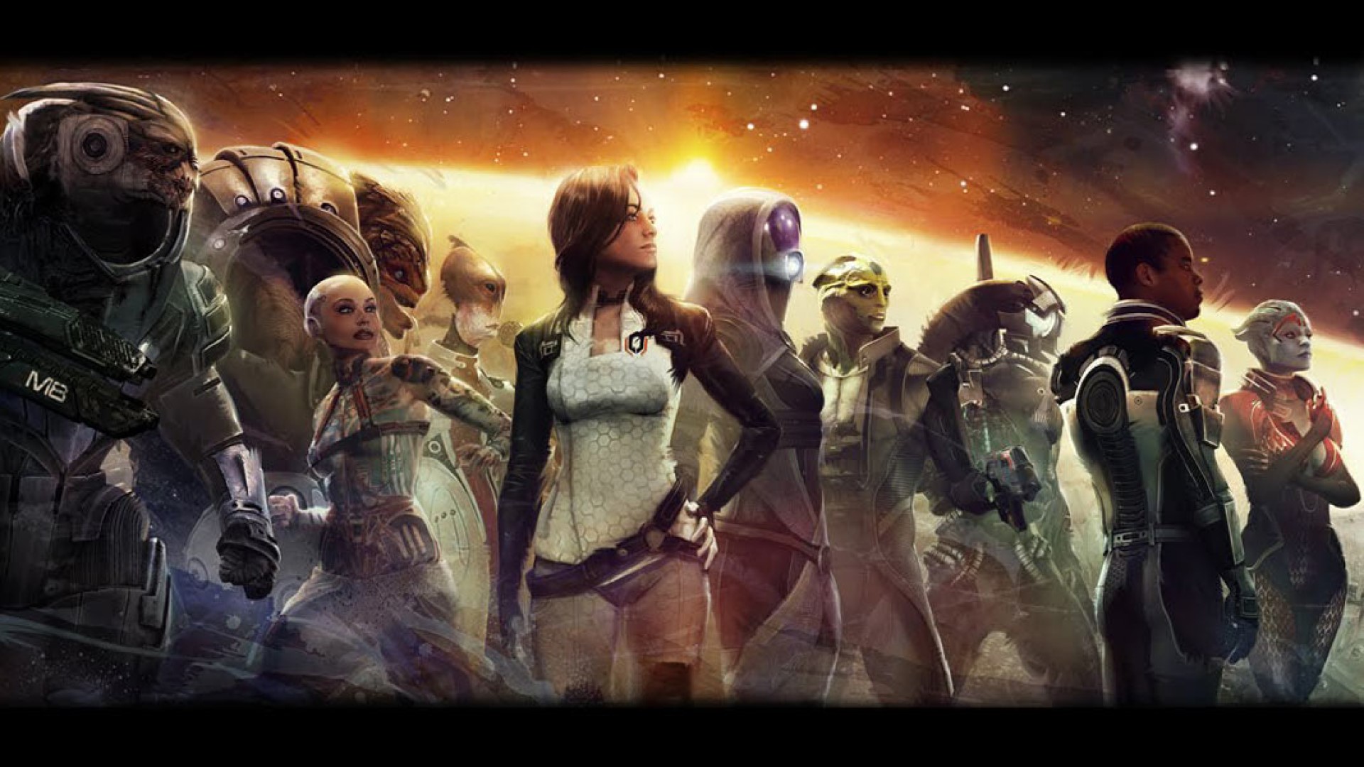 Full art of Mass Effect 2's main cast standing side by side