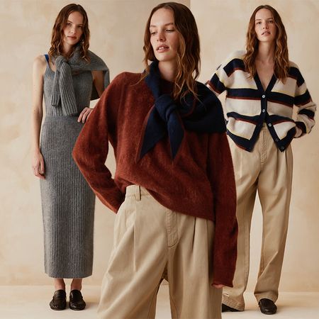 Models wear cashmere knitwear.