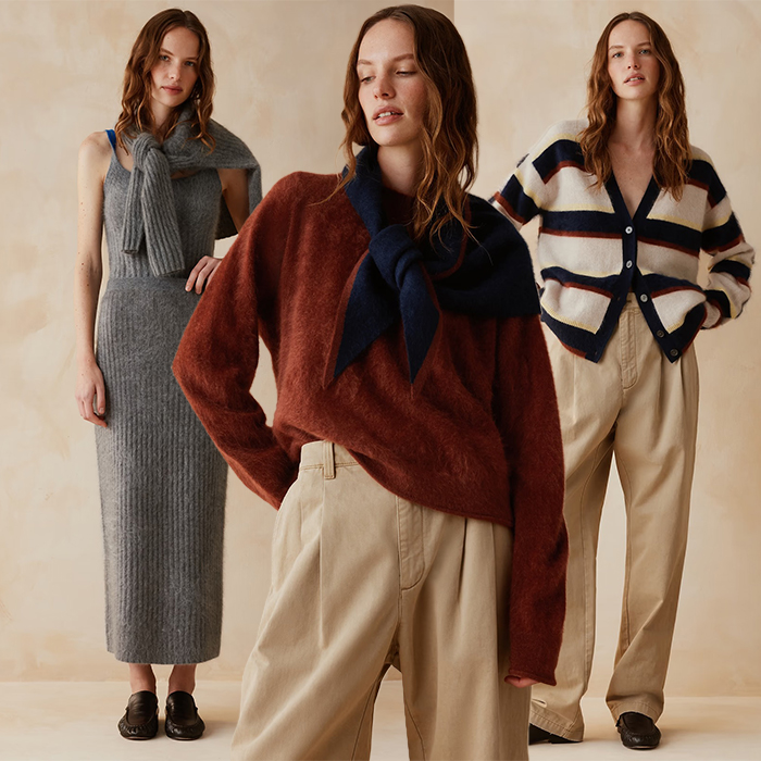 Models wear cashmere knitwear.