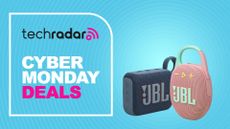 JBL Clip 5 and JBL Go 4 on light blue background with the words 'TechRadar: Cyber Monday Deals' on the left side of the image