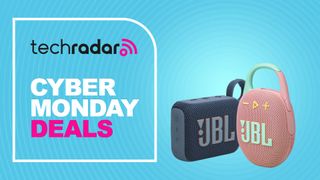 JBL Clip 5 and JBL Go 4 on light blue background with the words 'TechRadar: Cyber Monday Deals' on the left side of the image