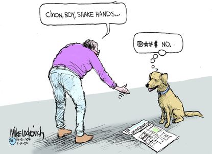 Editorial Cartoon World coronavirus shake hand dog