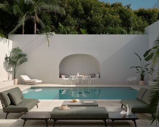 courtyard garden with pool and painted walls