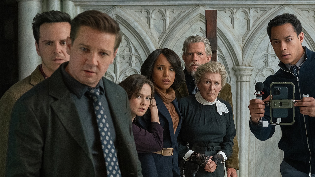 Martha, Dr. Nat, Vera, Lee, Simon, Sy and Samson looking down church hallway in Wake Up Dead Man