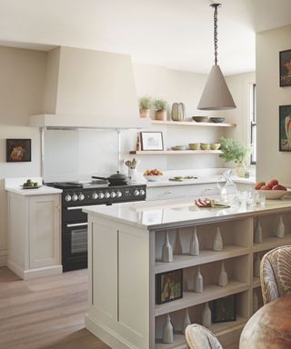 modern kitchen with open shelving and white walls