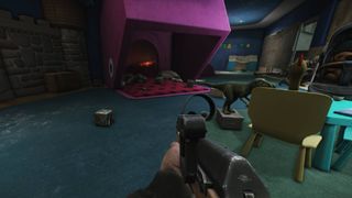Holding a gun in a purple room in Escape from Tarkov