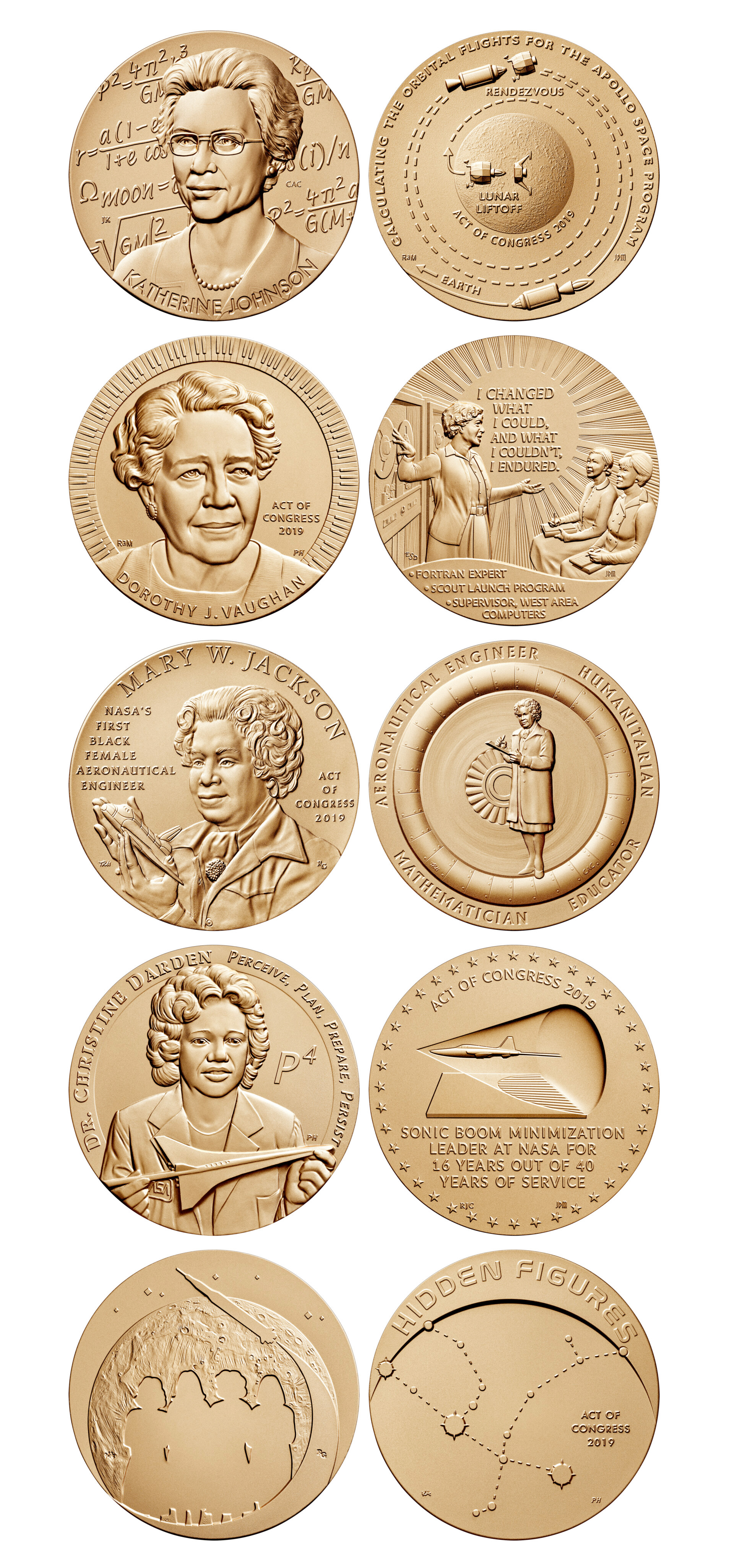 closeup photo showing the fronts and backs of five medallions that honor pioneering female nasa mathematicians