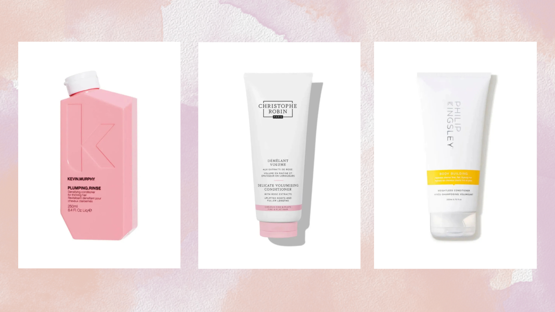 Collage of three vertical images of some of the best conditioners for fine hair from (left to right) Kevin Murphy, Christophe Robin, Philip Kingsley, set against a pink and purple watercolour-style background 
