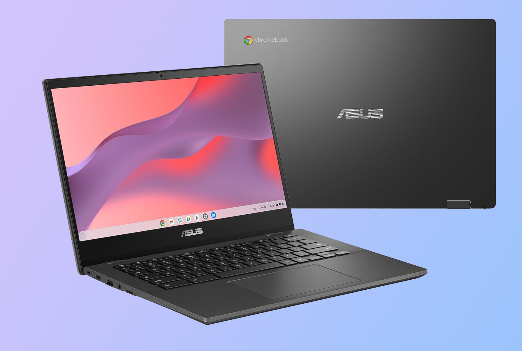 Asus Chromebook CM14 laptop in front of a pastel background, seen from the front and from the back