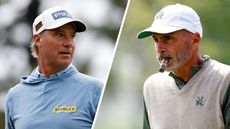 A split image of Chris DiMarco (left) and Rocco Mediate smoking a cigar (right