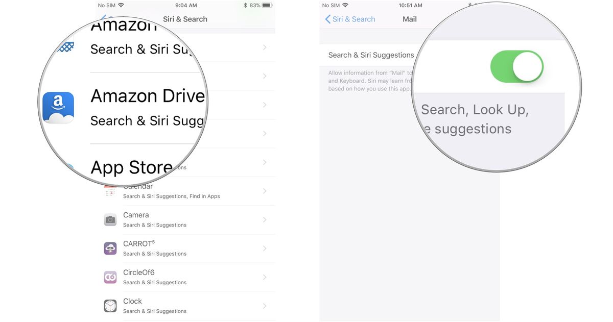Tap an app, then turn on Siri and search