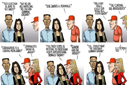 Political Cartoon U.S. Election Trump Supporters Joe Biden Conspiracy Theories QAnon