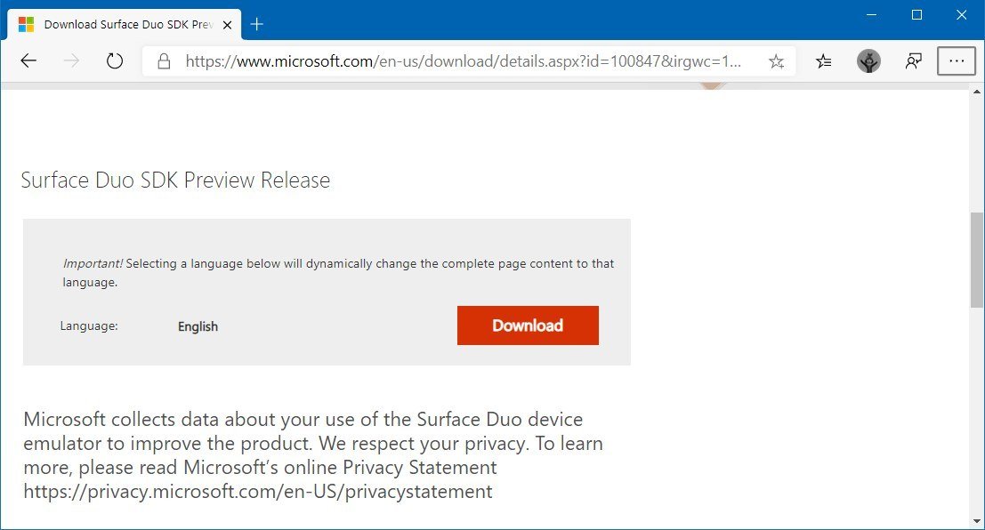 Surface Duo SDK preview download page