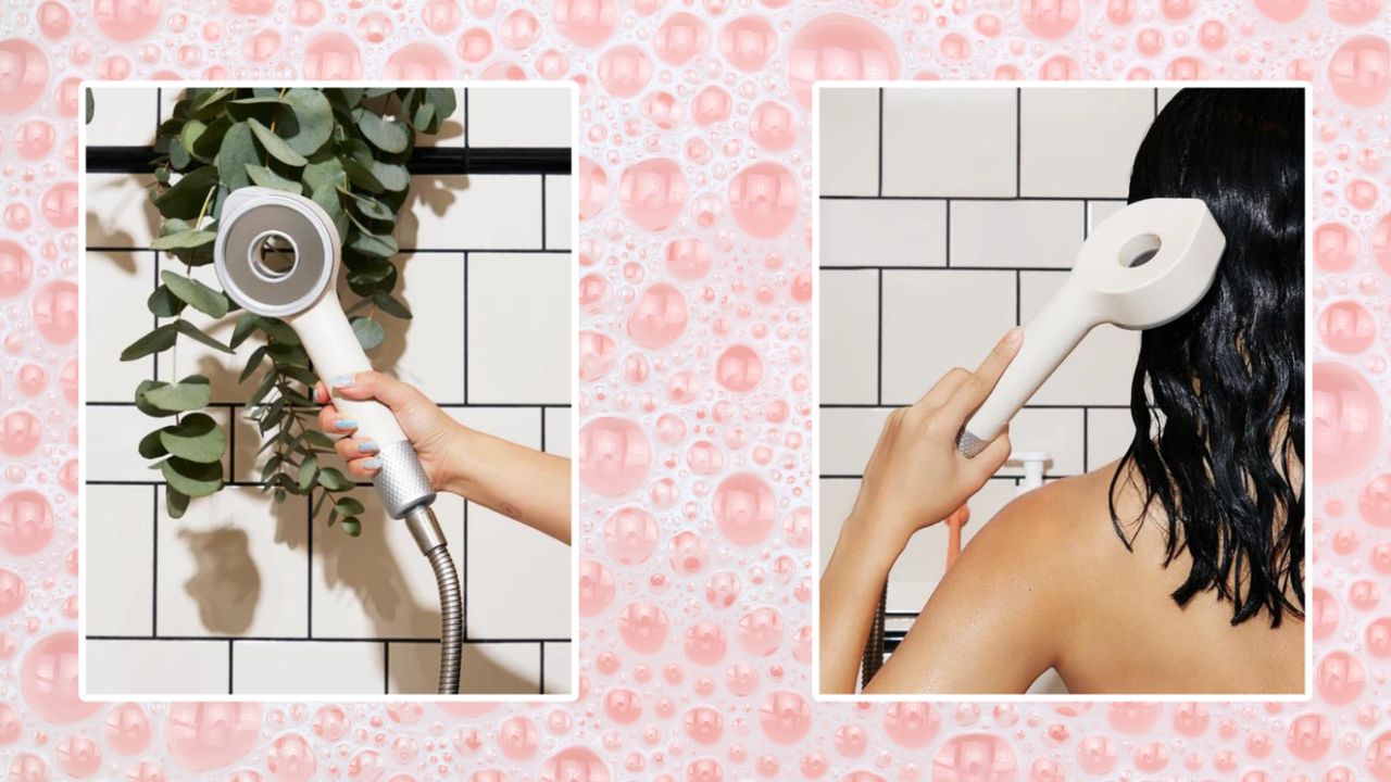 Hello Klean showerhead image assets on pink bubblem graphic design