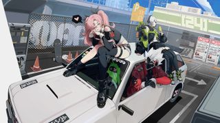 Zenless Zone Zero — three of the game's characters lounging in (and on) a car between missions.