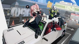 Zenless Zone Zero — three of the game&#039;s characters lounging in (and on) a car between missions.