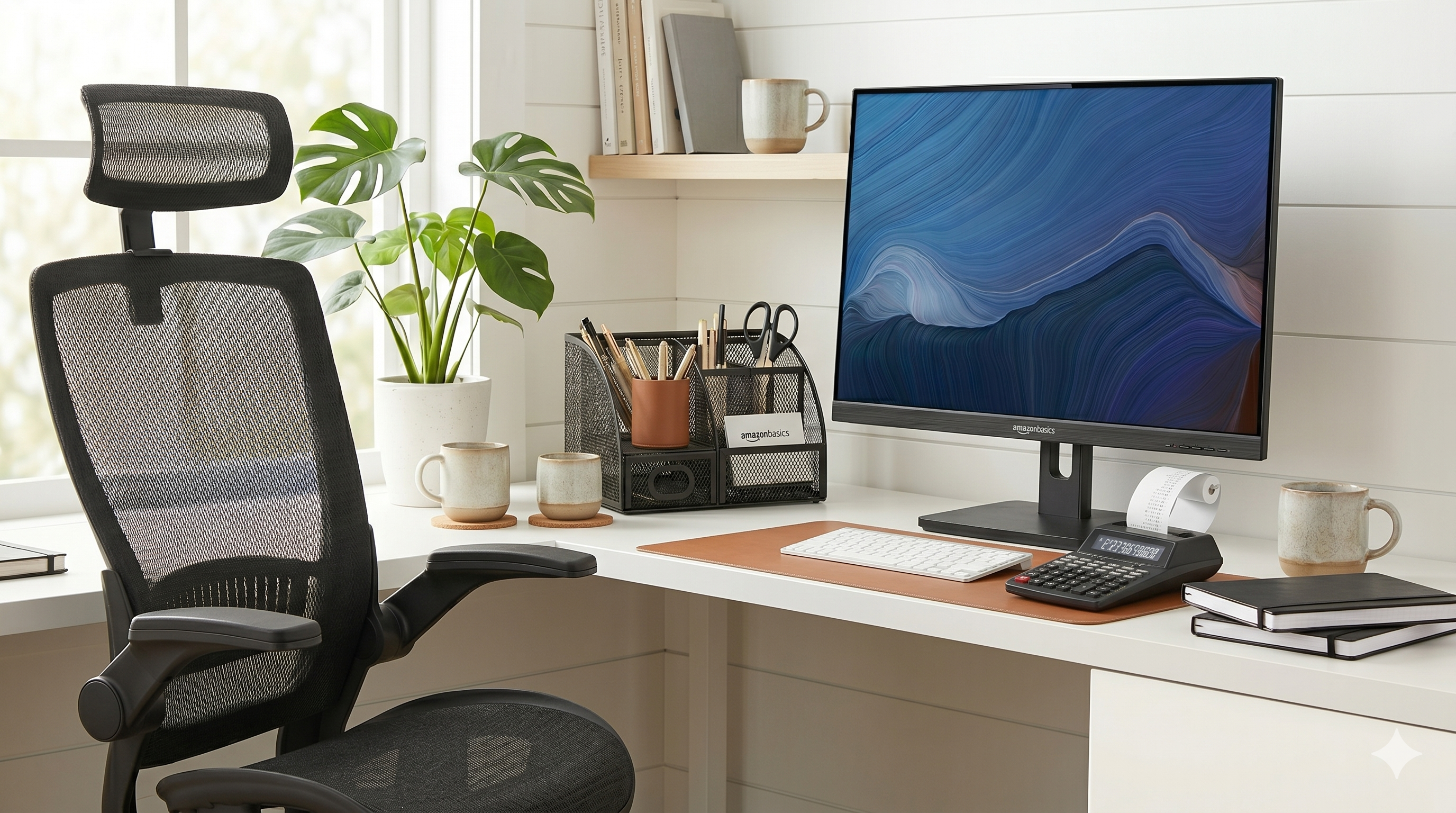 A clean, brightly lit home office displaying a monitor, office chair, notebook, desk organizer, and caalculator
