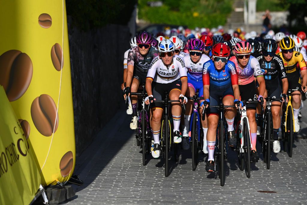 VADUZ SWITZERLAND JUNE 18 Lisa Brennauer of Germany and Team CeratizitWNT Pro Cycling Jessica Allen of Australia and Team BikeExchange Jayco Lea Lin Teutenberg of Germany and Team CeratizitWNT Pro Cycling Marta Bastianelli of Italy and UAE Team ADQ and Liane Lippert of Germany and Team DSM lead the peloton during the 2nd Tour de Suisse Women 2022 Stage 1 a 46km stage from Vaduz to Vaduz ourdesuisse2022 on June 18 2022 in Vaduz Switzerland Photo by Tim de WaeleGetty Images