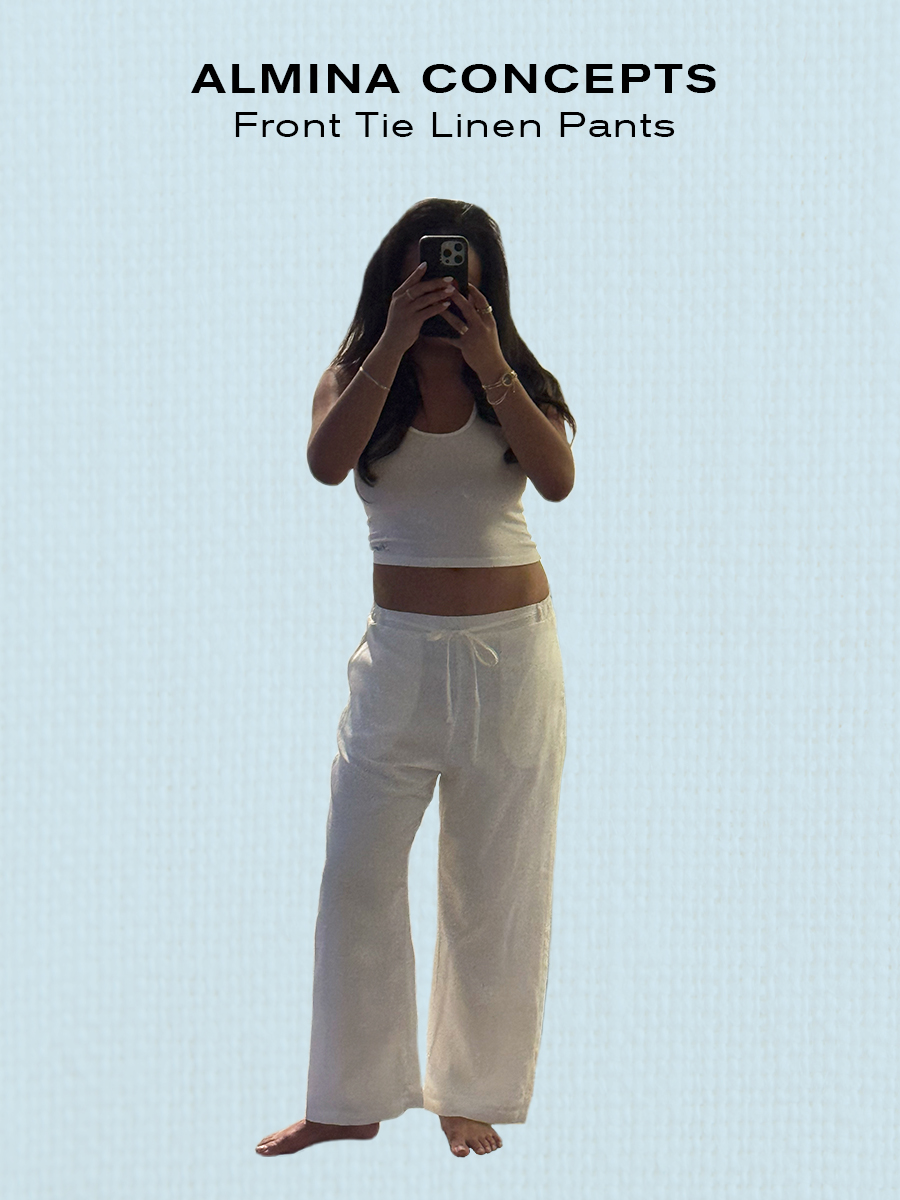 sierra mayhew in linen pants.