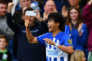 Kaoru Mitoma celebrates after scoring for Brighton & Hove Albion against Bournemouth, 2023