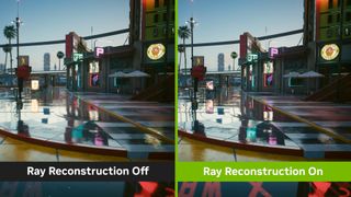 Image of Cyberpunk 2077 showcasing Ray Reconstruction off and on. The puddles on the left are less reflective than those on the right.