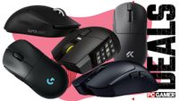 A selection of gaming mice arranged on a pink and white deals background