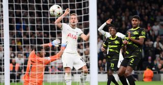 Harry Kane of Tottenham Hotspur scores a goal which is later disallowed during the UEFA Champions League group D match between Tottenham Hotspur and Sporting CP at Tottenham Hotspur Stadium on October 26, 2022 in London, England.