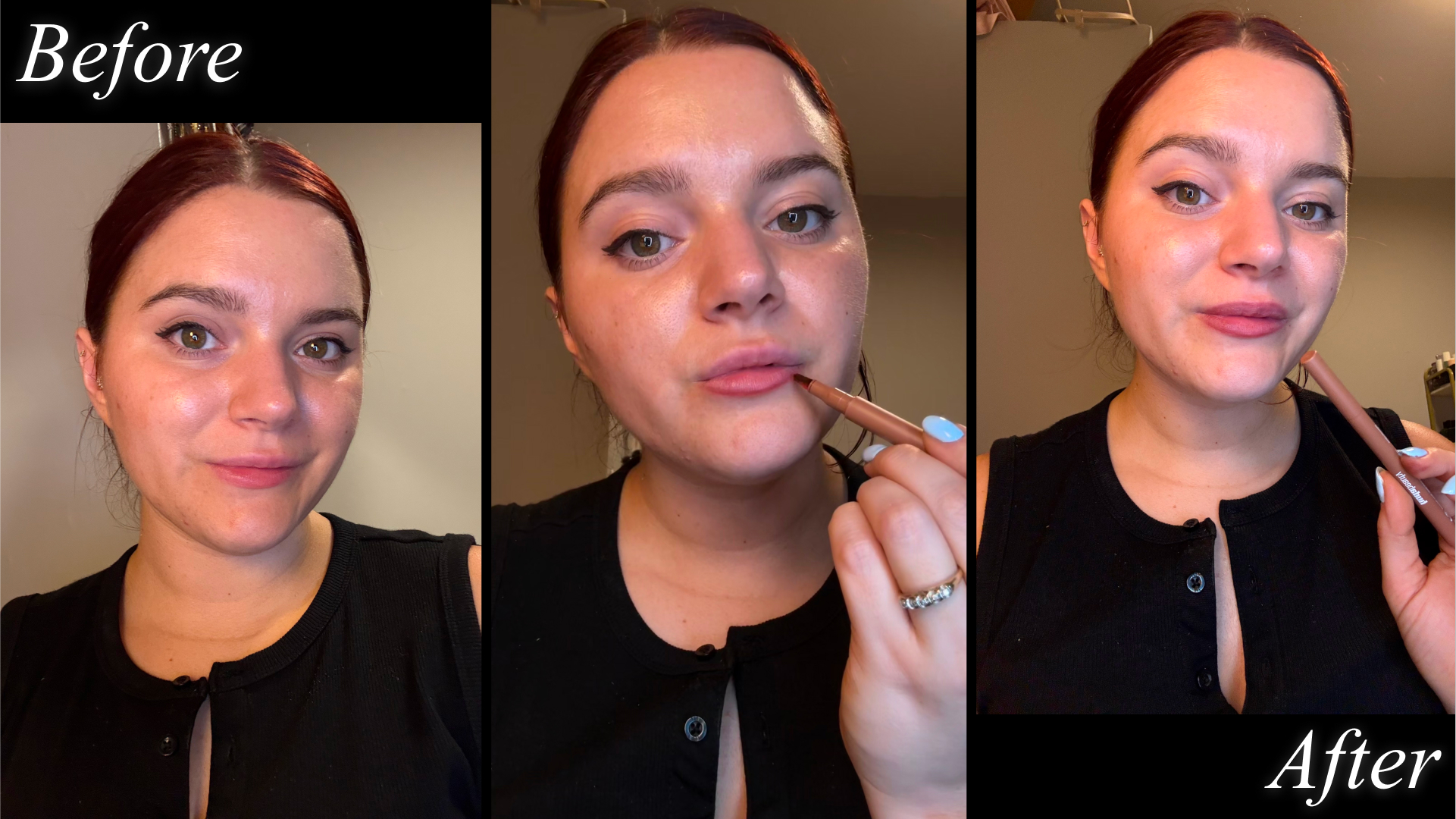 Brooke Knappenberger tests Huda Beauty Lip Contour Lip Stain in Soft Nude.